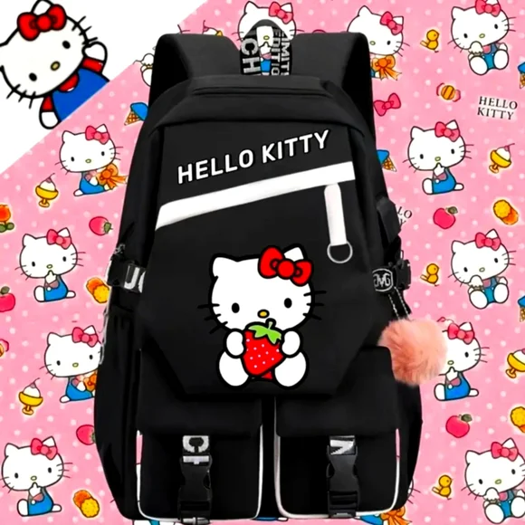HELLO KITTY Limited Edition Large Black Backpack With Pink Pom Pom Keychain Amazon.com: Hello Kitty Sanrio Backpack for Teens, Women  main image 4
